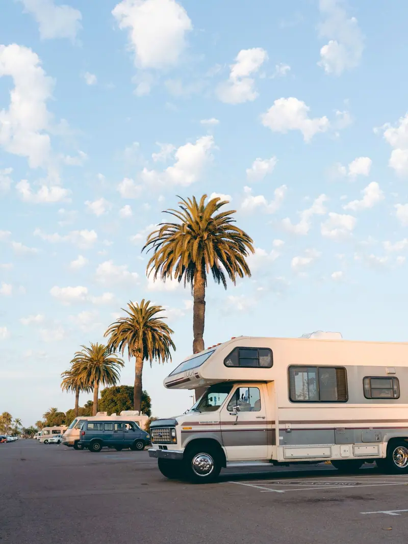 Class C motorhome parked in a palm-lined lot